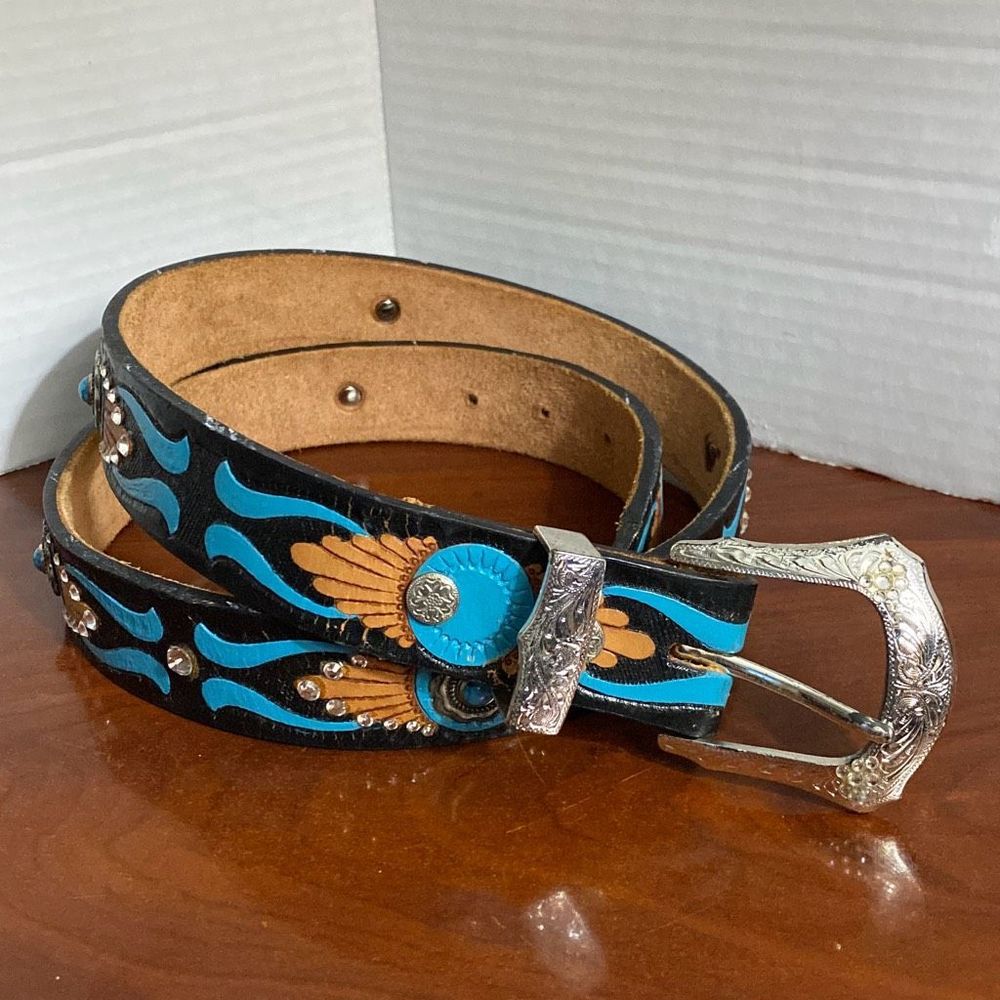 Leather Black & Turquoise Western Belt Rhinestone and Silver Tone Buckle Women M